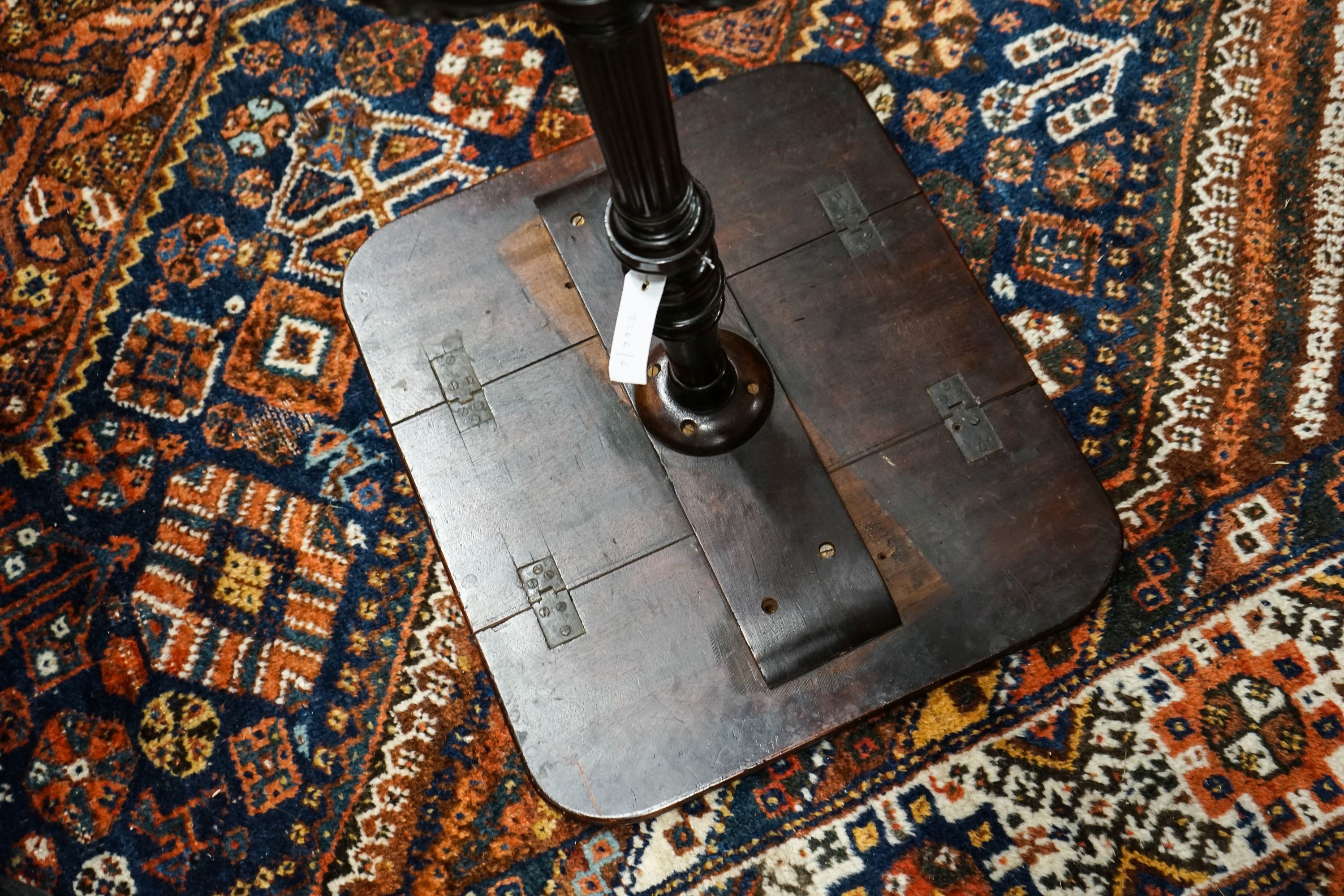 A George III rectangular mahogany tripod wine table (altered), width 53cm, depth 46cm, height 75cm